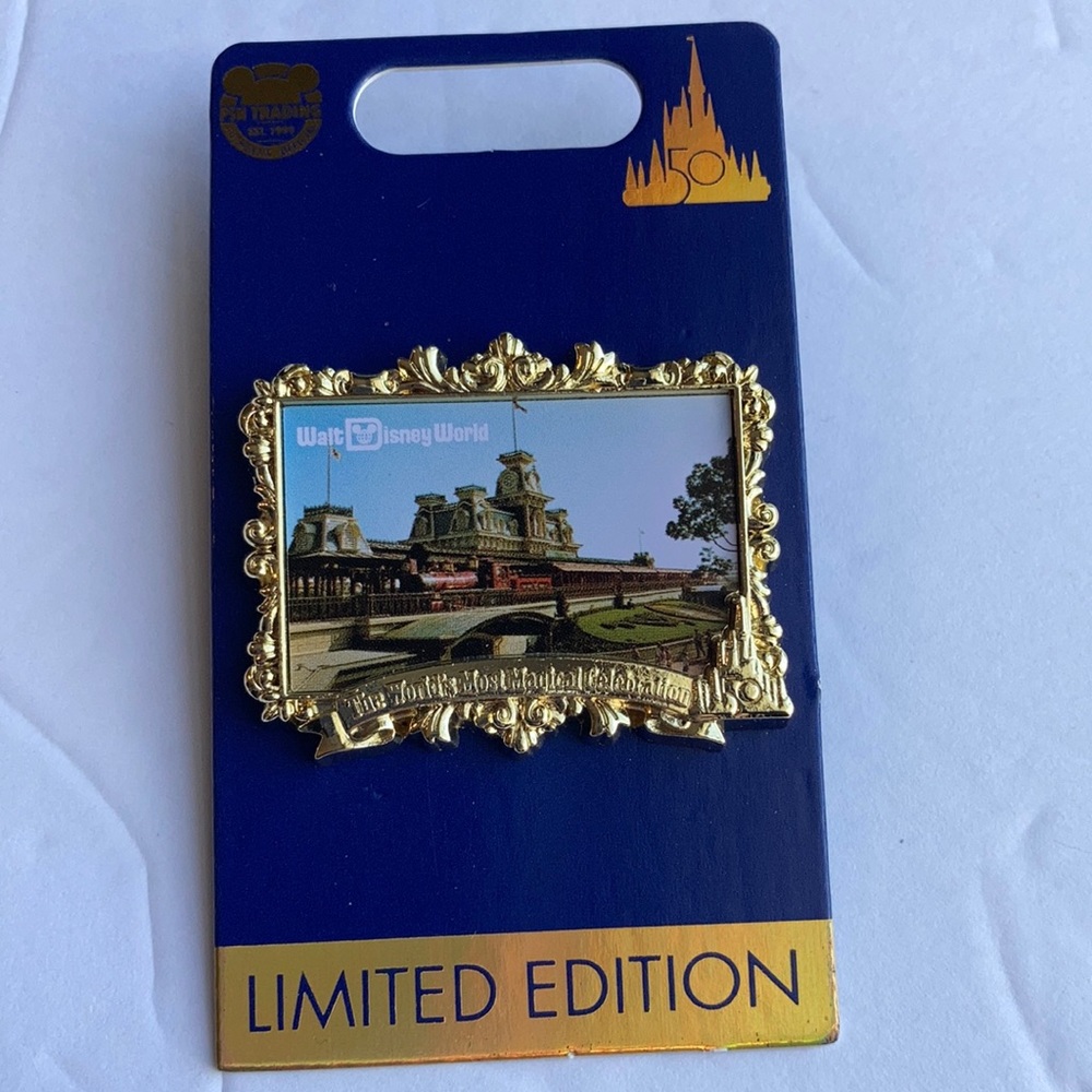 Disney 50th anniversary Main Street Railway Station pin postcard series